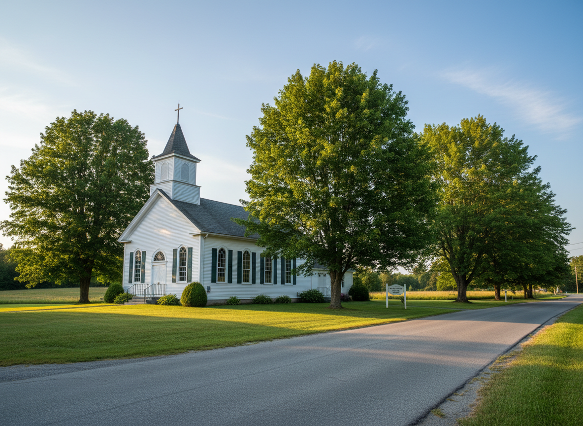An inviting New England country church building with crisp white clapboard siding, a modest steeple topped by a simple cross, and dark green shutters framing tall arched windows. The church is set slightly back from a quiet rural road in Loudon Center, surrounded by neatly mowed grass and mature maple trees. Soft late-afternoon natural light bathes the scene in a warm glow, casting long, gentle shadows across the lawn. Photographic realism from an eye-level perspective, with the church slightly off-center in a rule-of-thirds composition. The sky is a clear soft blue with a few wispy clouds, creating a peaceful, reverent mood that feels welcoming and grounded in tradition.