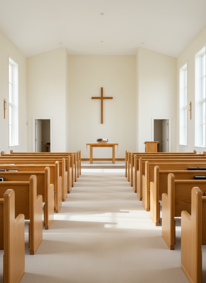 A bright, orderly church interior featuring parallel rows of polished wooden pews leading toward a simple, uncluttered pulpit area. A wooden lectern sits center stage with a closed Bible on top, and a plain wooden cross mounted on the wall behind it. Cream-colored walls and light-colored carpeting keep the space feeling open and welcoming. Natural daylight pours in through tall clear-glass windows along the side walls, creating soft patterns of light and shadow across the pews. Photographic realism with a centered, eye-level composition and sharp focus throughout, conveying a professional, sincere, and Bible-focused worship environment without any people present.
