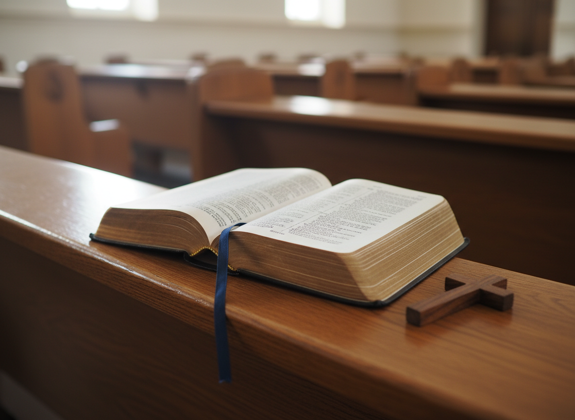An open Bible resting on a smooth wooden church pew, its pages slightly curved and gently worn at the edges, with thin gold-gilded page edges catching the light. A simple dark blue ribbon bookmark lies across a passage, and a small, understated wooden cross is placed beside the Bible. The surrounding pews recede into soft blur, suggesting a quiet sanctuary. Photographic realism with soft, diffused window light coming from the side, creating a peaceful glow and delicate shadows across the wood grain. Captured from a slightly elevated close-up angle with shallow depth of field, the mood is reverent, calm, and focused on Scripture.