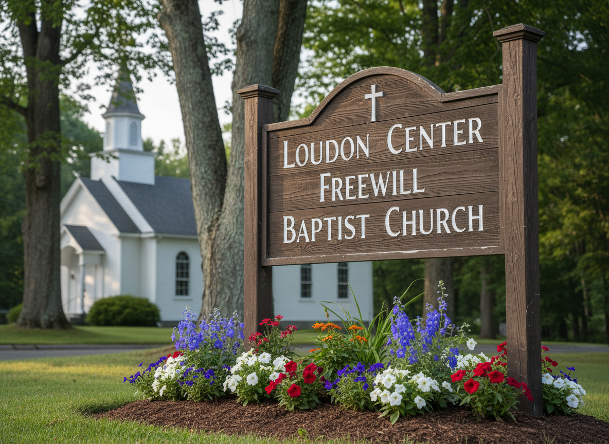 A wooden church sign for “Loudon Center Freewill Baptist Church” crafted from weathered but well-maintained dark-stained planks, with clean, legible white engraved lettering and a small carved cross above the text. The sign stands on two sturdy posts anchored in a small flower bed with seasonal blooms and fresh mulch. Behind it, the out-of-focus church and trees provide a soft, natural backdrop. Photographic realism with shallow depth of field, shot at a slight three-quarter angle. Gentle morning sunlight illuminates the sign face, creating soft highlights on the wood grain and subtle shadows around the carved letters, conveying a professional yet warm, welcoming atmosphere.