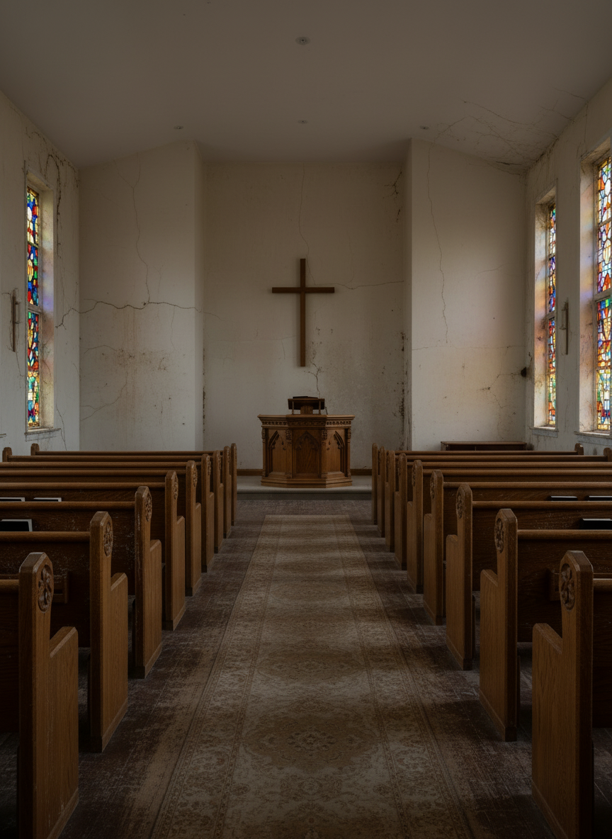 church A bright, orderly church interior featuring parallel rows of polished wooden pews leading toward a simple, uncluttered pulpit area. A wooden lectern sits center stage with a closed Bible on top, and a plain wooden cross mounted on the wall behind it. Cream-colored walls and light-colored carpeting keep the space feeling open and welcoming. Natural daylight pours in through tall clear-glass windows along the side walls, creating soft patterns of light and shadow across the pews. Photographic realism with a centered, eye-level composition and sharp focus throughout, conveying a professional, sincere, and Bible-focused worship environment without any people present.